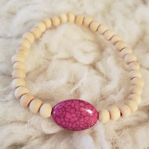 Crackly Pink Oval Bead & Wood Beaded Bracelet